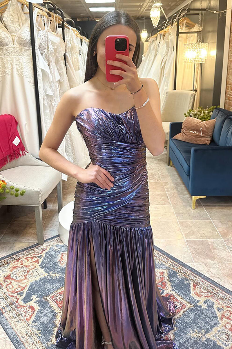 Load image into Gallery viewer, Purple Metallic Pleated Mermaid Long Prom Dress with Slit