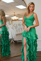 Load image into Gallery viewer, Green Satin Spaghetti Straps Mermaid Long Prom Dress with Ruffles