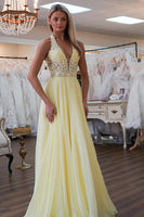 Load image into Gallery viewer, Princess Yellow Chiffon Corset Halter A Line Long Prom Dress with Lace