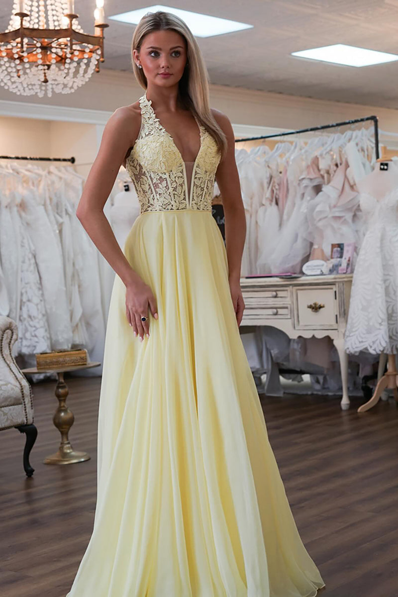 Load image into Gallery viewer, Princess Yellow Chiffon Corset Halter A Line Long Prom Dress with Lace
