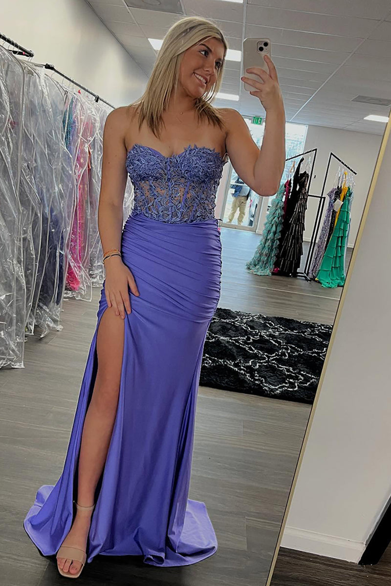 Load image into Gallery viewer, Lilac Satin Corset Mermaid Long Prom Dress with Slit