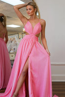 Load image into Gallery viewer, Princess Pink Satin A Line Long Prom Dress with Slit