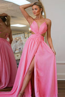 Load image into Gallery viewer, Princess Pink Satin A Line Long Prom Dress with Slit