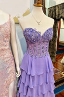 Load image into Gallery viewer, Princess Lilac Chiffon Corset A Line Long Prom Dress with Ruffles