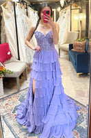 Load image into Gallery viewer, Princess Lilac Chiffon Corset A Line Long Prom Dress with Ruffles