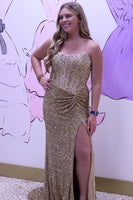 Load image into Gallery viewer, Sparkly Gold Sequin Corset Mermaid Long Prom Dress with Slit