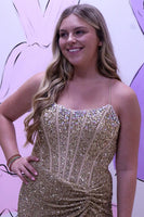 Load image into Gallery viewer, Sparkly Gold Sequin Corset Mermaid Long Prom Dress with Slit