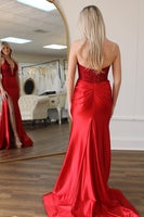 Load image into Gallery viewer, Sparkly Red Satin Corset Beaded Mermaid Long Prom Dress with Slit