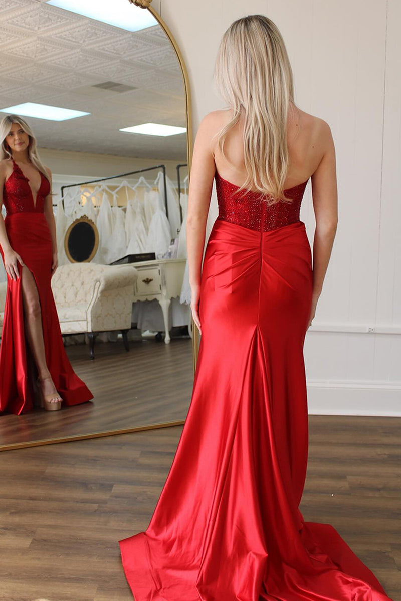 Load image into Gallery viewer, Sparkly Red Satin Corset Beaded Mermaid Long Prom Dress with Slit