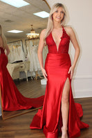 Load image into Gallery viewer, Sparkly Red Satin Corset Beaded Mermaid Long Prom Dress with Slit