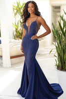 Load image into Gallery viewer, Sparkly Navy Spaghetti Straps Mermaid Long Formal Dress