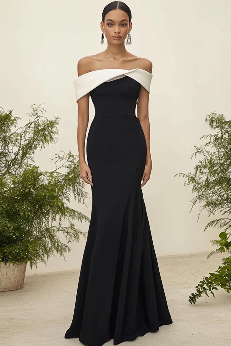Load image into Gallery viewer, White Black Satin Off the Shoulder Long Formal Dress