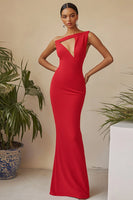 Load image into Gallery viewer, Red One Shoulder Sheath Long Formal Dress