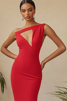 Load image into Gallery viewer, Red One Shoulder Sheath Long Formal Dress