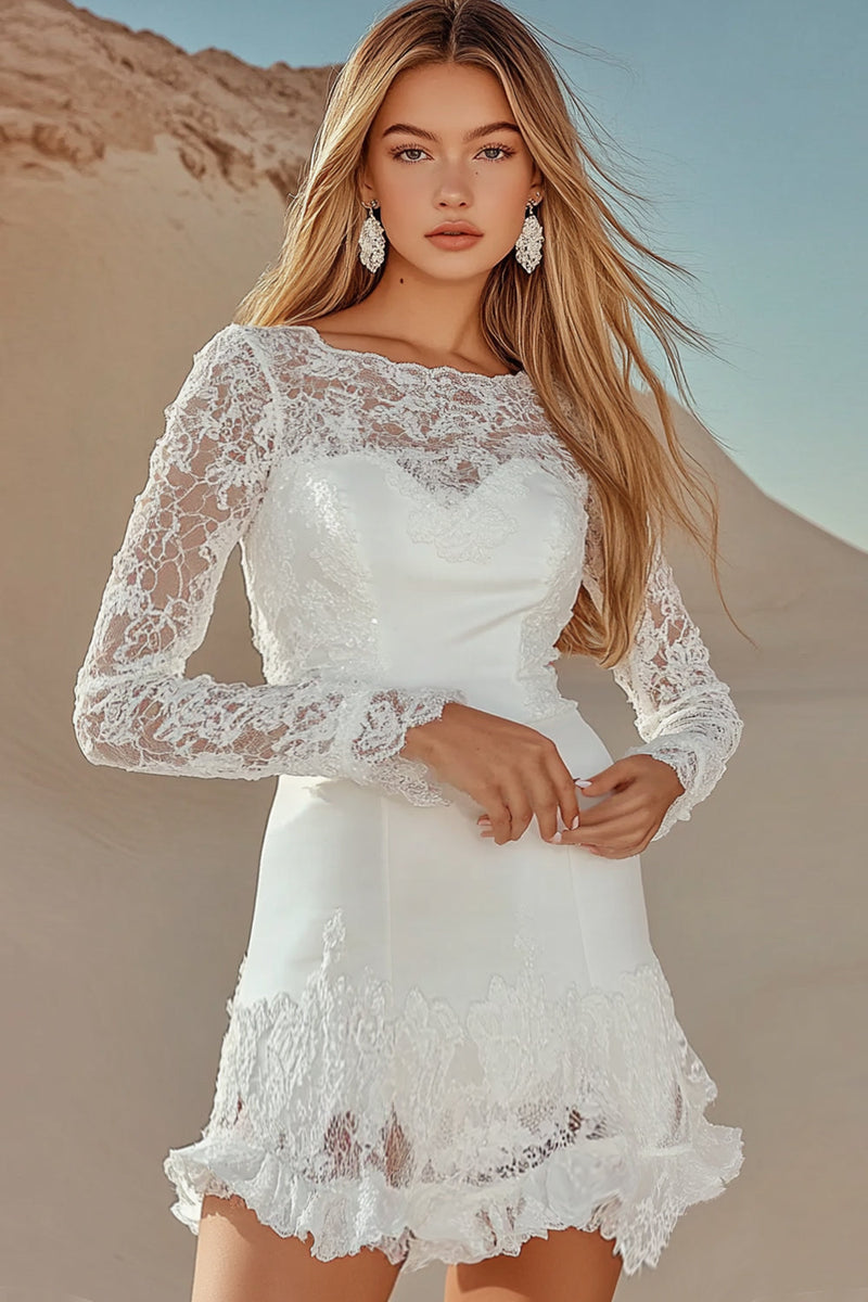 Load image into Gallery viewer, A Line White Lace Boat Neck Mini Graduation Dress