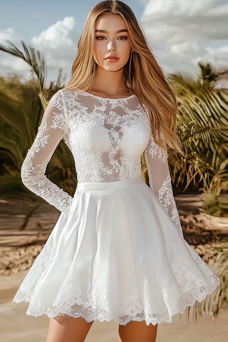 Queendancer Women White Lace Long Sleeves Flowy A Line Short Graduation Dress Scoop Neck Embroidered Little White Dress queendanceruk Queendancer Women White Lace Long Sleeves Flowy A Line Short Graduation Dress Scoop Neck Embroidered Little White Dress queendanceruk
