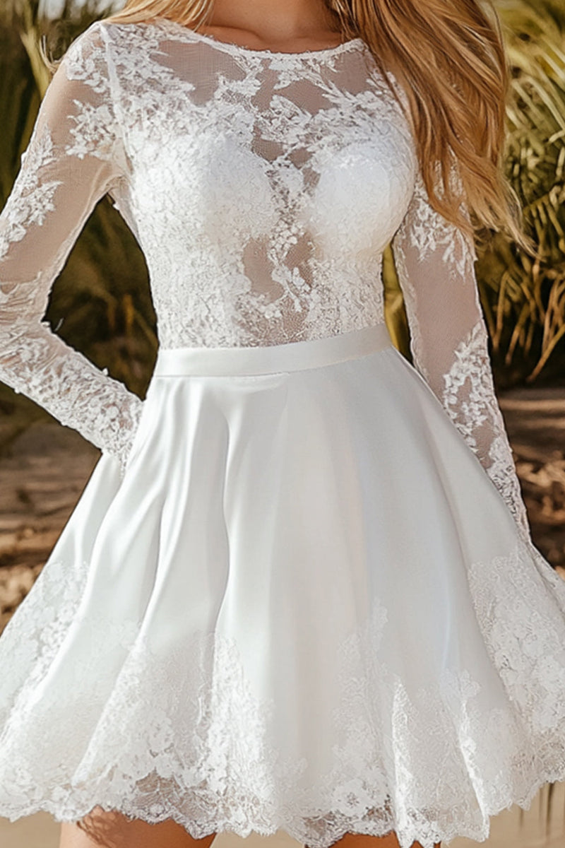 Queendancer Women White Lace Long Sleeves Flowy A Line Short Graduation Dress Scoop Neck Embroidered Little White Dress queendanceruk Queendancer Women White Lace Long Sleeves Flowy A Line Short Graduation Dress Scoop Neck Embroidered Little White Dress queendanceruk
