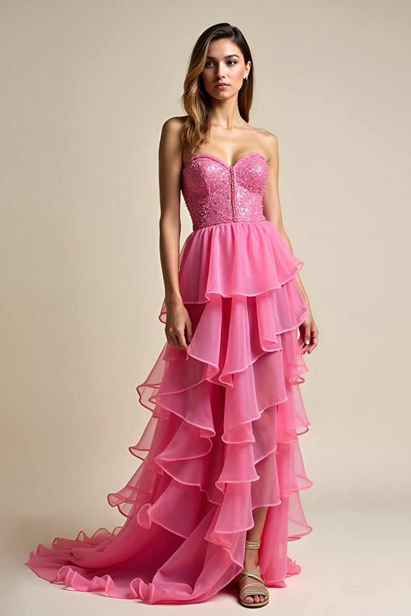 Load image into Gallery viewer, Ruffled Coral Tiered Sweetheart Long Prom Dress