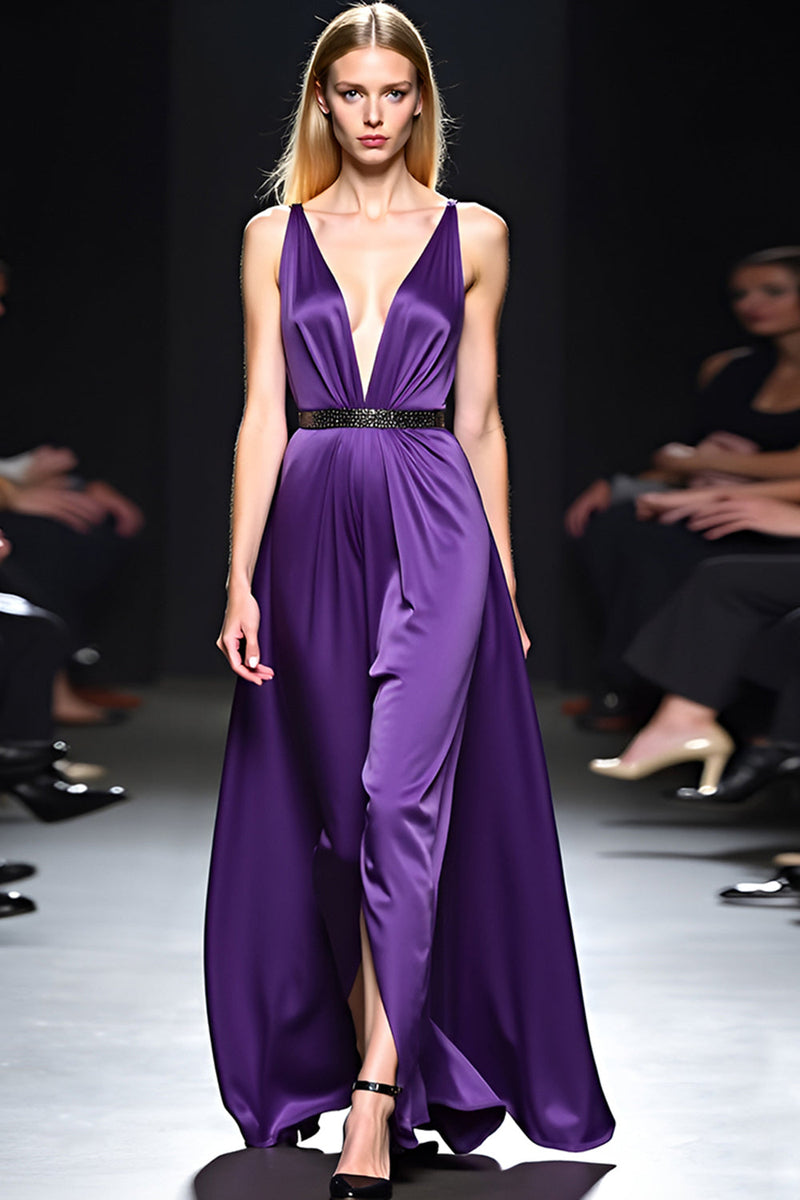 Load image into Gallery viewer, Deep V-Neck Dark Purple Ruched Long Gala Dress