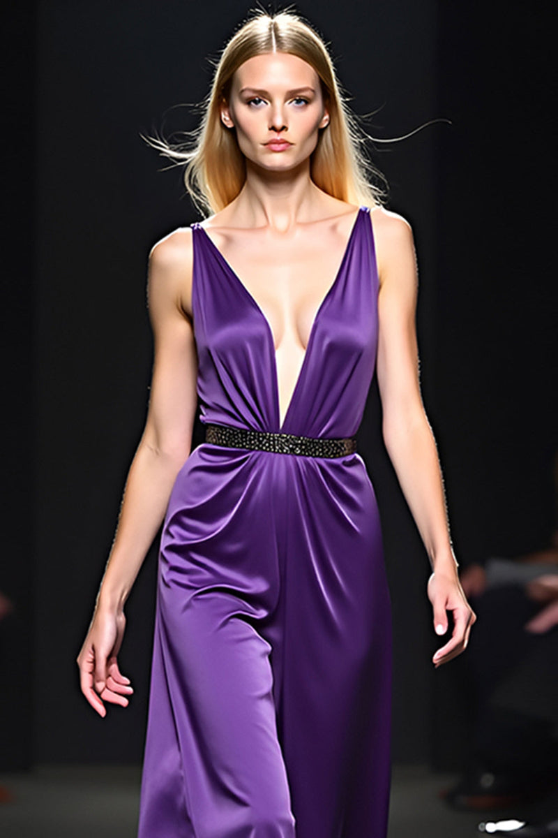 Load image into Gallery viewer, Deep V-Neck Dark Purple Ruched Long Gala Dress