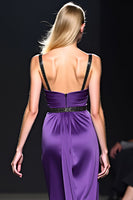 Load image into Gallery viewer, Deep V-Neck Dark Purple Ruched Long Gala Dress