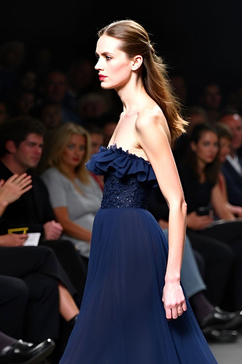 Load image into Gallery viewer, Sparkly Navy Strapless A Line Long Gala Dress with Ruffles