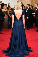 Load image into Gallery viewer, Ruched A Line Navy Satin Long Gala Dress with Short Sleeves