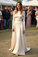 Load image into Gallery viewer, Apricot Scoop Floral A Line Long Formal Dress with Sleeves