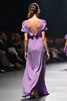 Purple A Line Ruched Long Gala Dress with Short Sleeves