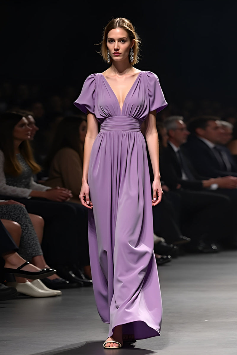 Load image into Gallery viewer, Purple A Line Ruched Long Gala Dress with Short Sleeves