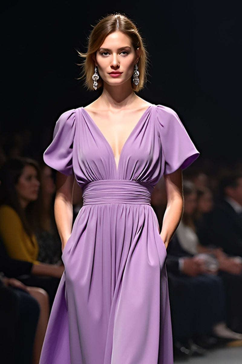 Load image into Gallery viewer, Purple A Line Ruched Long Gala Dress with Short Sleeves