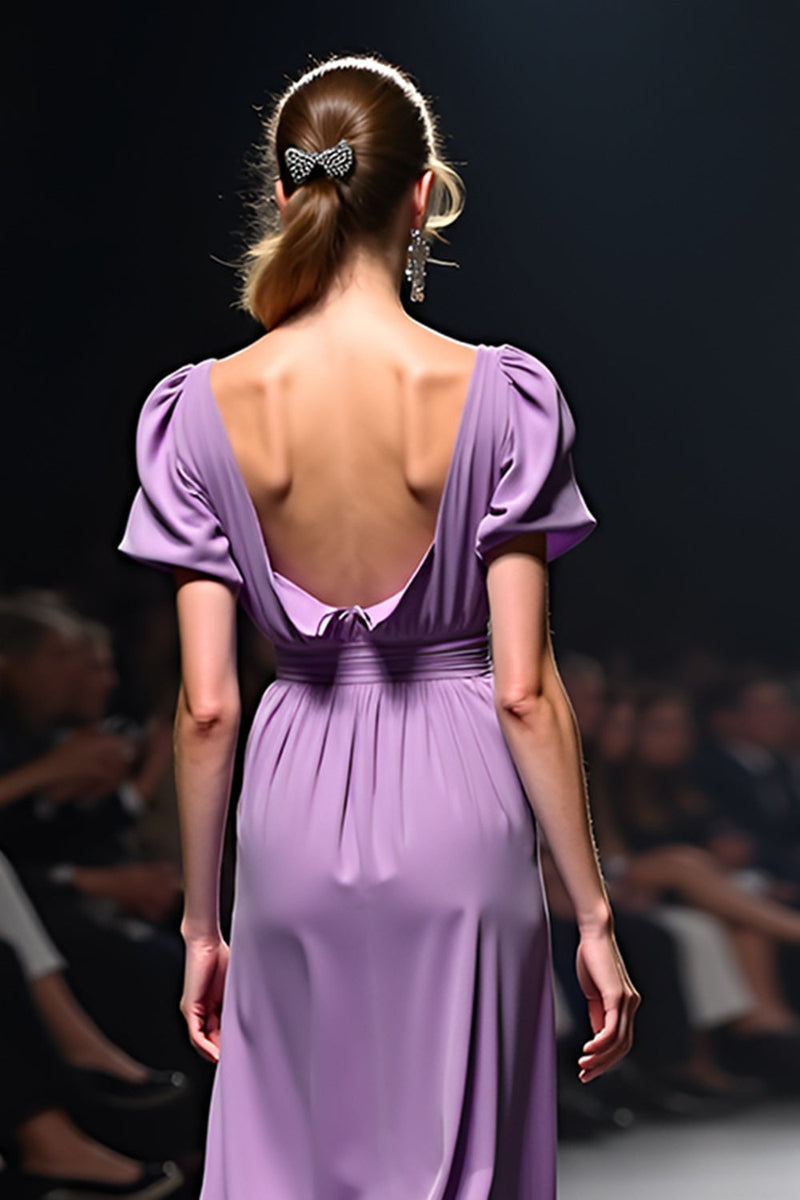Load image into Gallery viewer, Purple A Line Ruched Long Gala Dress with Short Sleeves