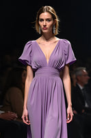 Load image into Gallery viewer, Purple A Line Ruched Long Gala Dress with Short Sleeves