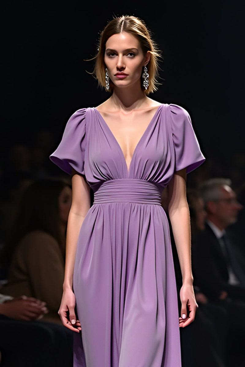 Load image into Gallery viewer, Purple A Line Ruched Long Gala Dress with Short Sleeves
