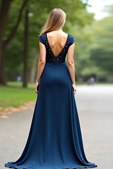 A Line Navy Short Sleeves Long Mother of the Bride Dress
