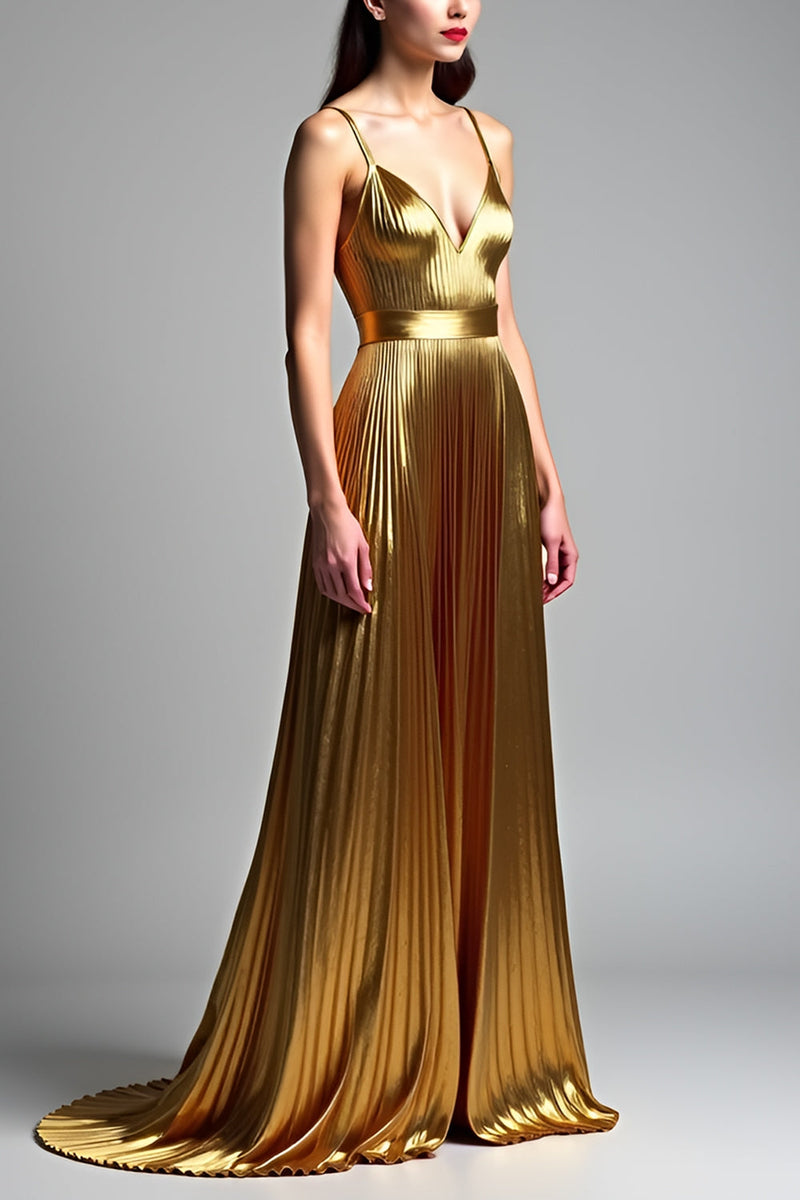 Load image into Gallery viewer, Golden Metallic A Line Long Prom Dress