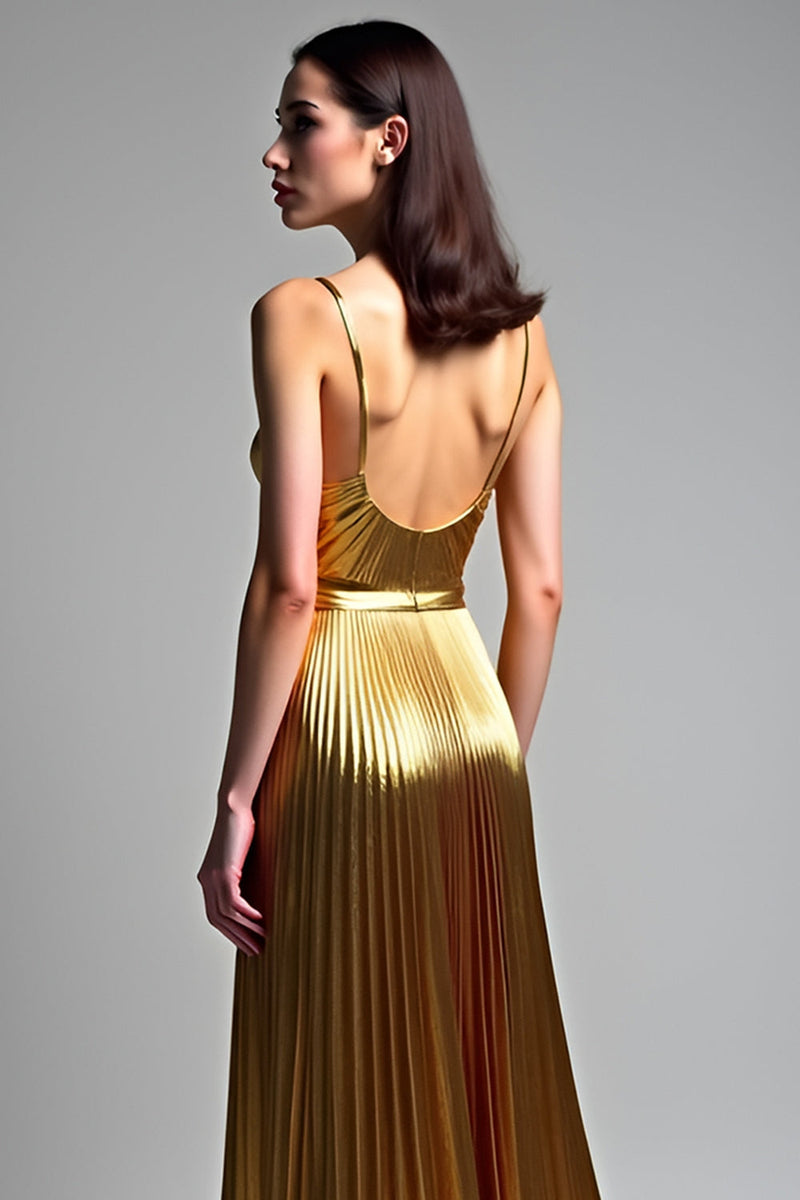 Load image into Gallery viewer, Golden Metallic A Line Long Prom Dress