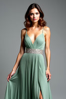 Load image into Gallery viewer, Dusty Sage Pleated V-Neck Long Prom Dress with Slit