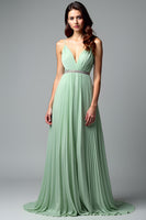 Load image into Gallery viewer, Light Green Backless A Line Pleated Long Prom Dress
