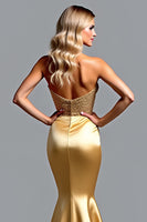 Load image into Gallery viewer, Golden Mermaid Appliqued Long Prom Dress with Slit