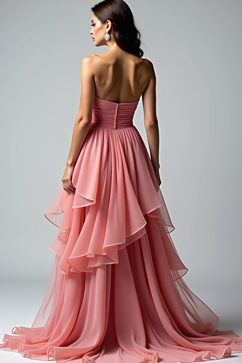 Load image into Gallery viewer, Dusty Rose Ruched Strapless Long Prom Dress with Ruffles