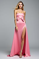 Load image into Gallery viewer, Hot Pink Bowknot Strapless Long Prom Dress with Slit