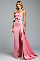 Load image into Gallery viewer, Hot Pink Bowknot Strapless Long Prom Dress with Slit