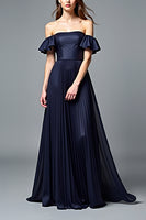Load image into Gallery viewer, Navy A Line Off the Shoulder Pleated Formal Dress with Ruffles