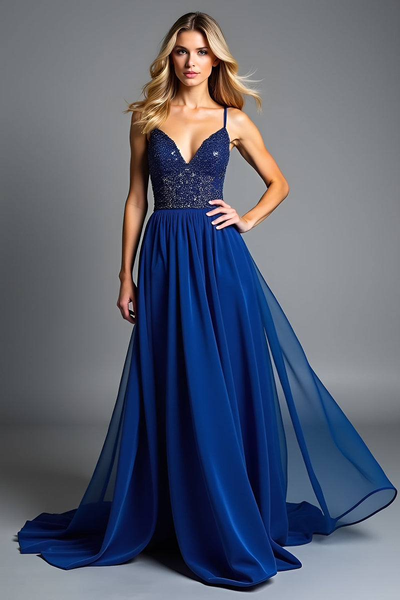Load image into Gallery viewer, Royal Blue A Line Long Prom Dress with Beading