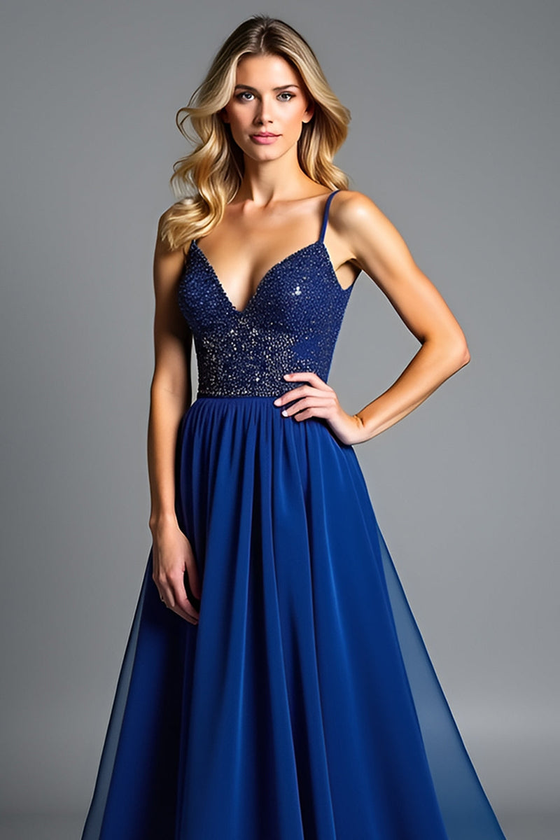 Load image into Gallery viewer, Royal Blue A Line Long Prom Dress with Beading