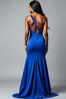 Load image into Gallery viewer, Sequins Royal Blue One Shoulder Long Prom Dress with Slit