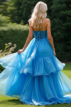 Blue A Line Strapless Tiered Long Prom Dress with Beading