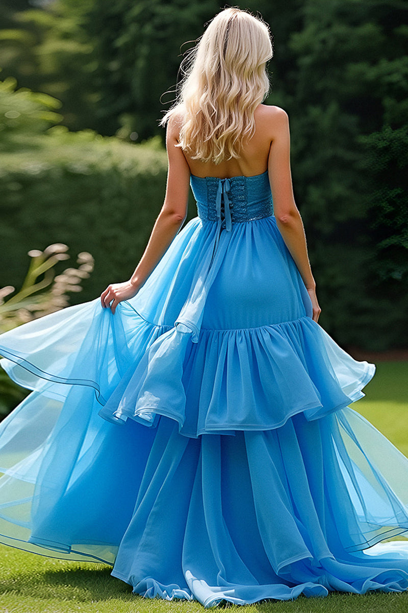 Load image into Gallery viewer, Blue A Line Strapless Tiered Long Prom Dress with Beading