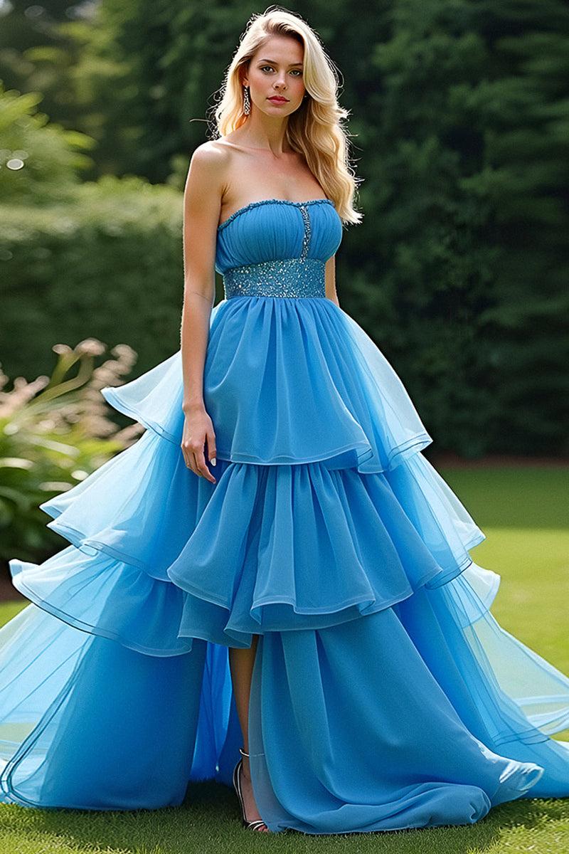 Load image into Gallery viewer, Blue A Line Strapless Tiered Long Prom Dress with Beading